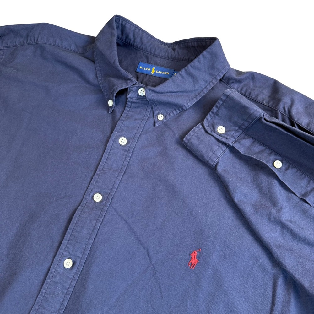 Ralph Lauren Button Down Shirt Mens 3XB Navy Blue Cotton Long Sleeve Pony Logo
